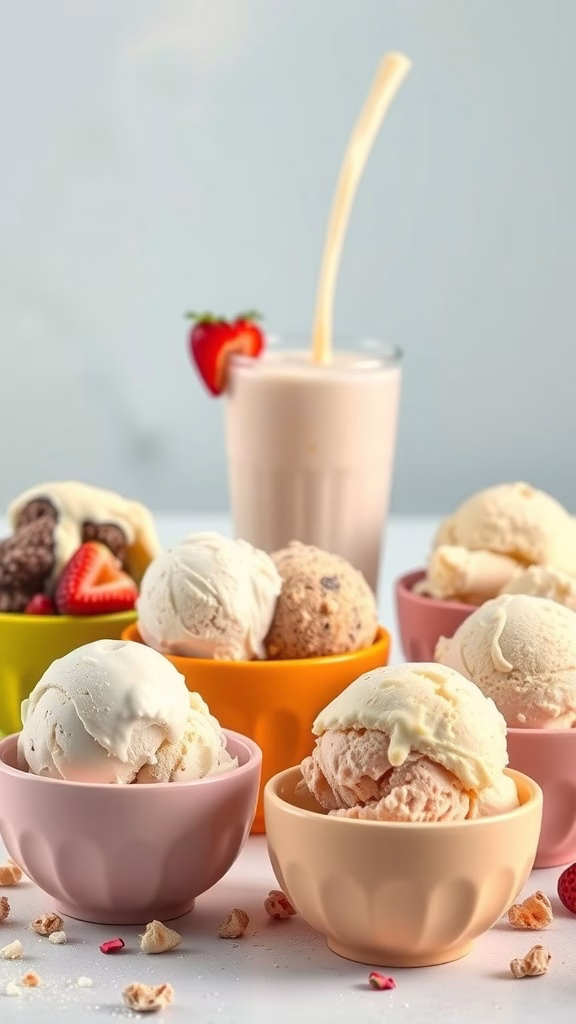 Colorful bowls of ice cream with a milkshake in the background
