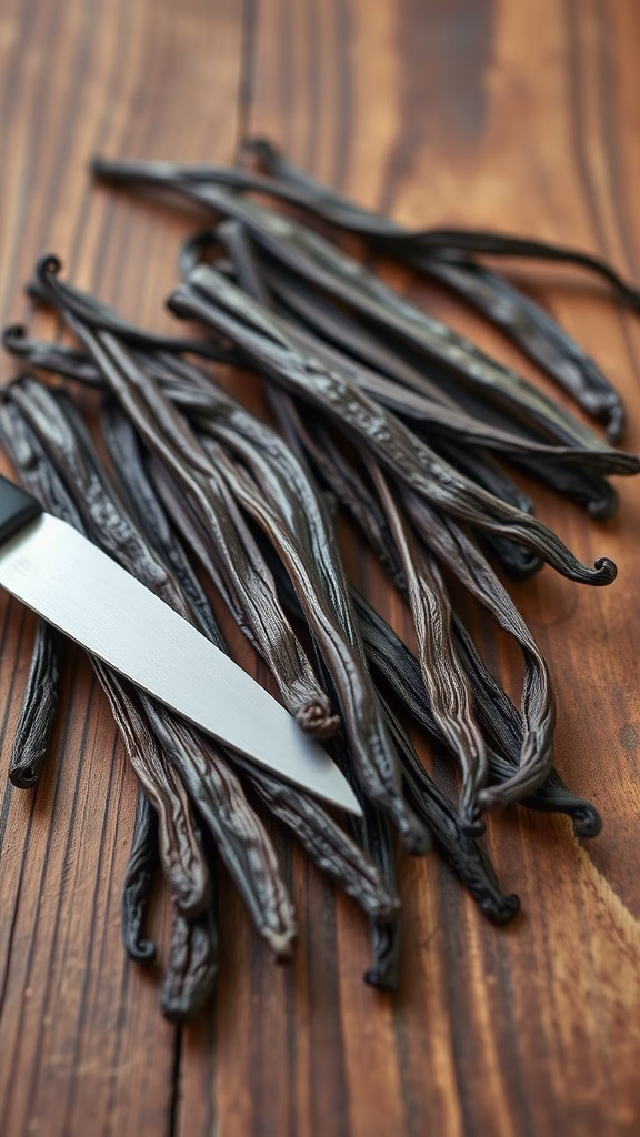 A selection of vanilla beans and a knife on a wooden surface.