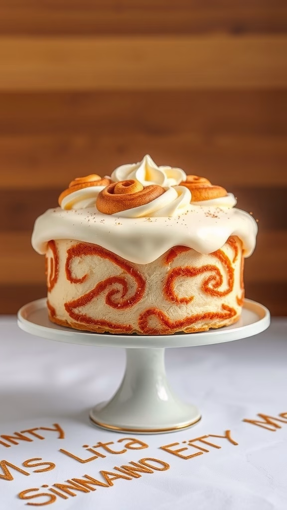A beautifully decorated cinnamon roll cake with swirls and frosting