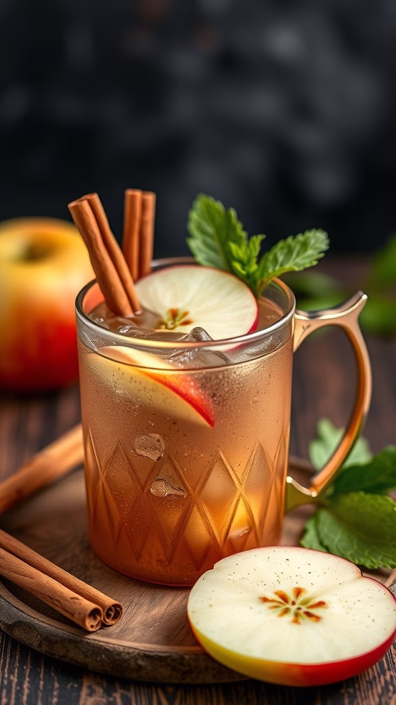 A refreshing Cinnamon Spiced Apple Cider Mule cocktail garnished with apple slices and cinnamon sticks.