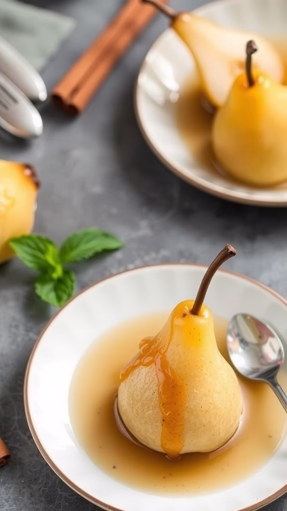 Delicious cinnamon vanilla poached pears served in a bowl with syrup