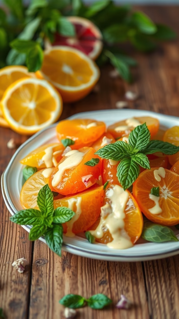 A vibrant citrus salad featuring sliced oranges, grapefruit, and lemon, drizzled with vanilla dressing and garnished with fresh mint.