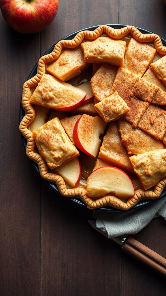 Classic apple pie with cinnamon slices on a wooden table.
