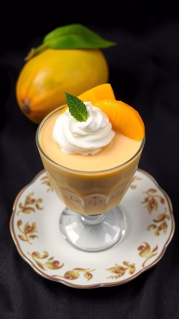 Delicious looking classic mango mousse served in a glass topped with whipped cream and mango slices.