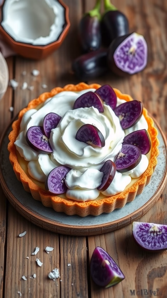 A classic ube tart topped with creamy coconut and purple yam slices.