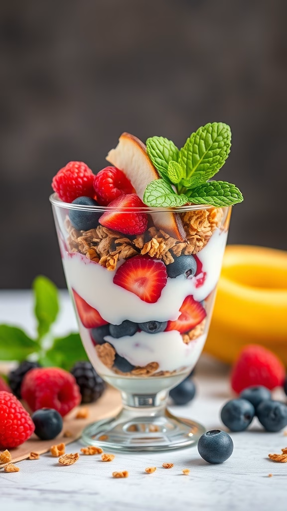 A colorful coconut and berry parfait layered with yogurt, granola, and fresh fruits.