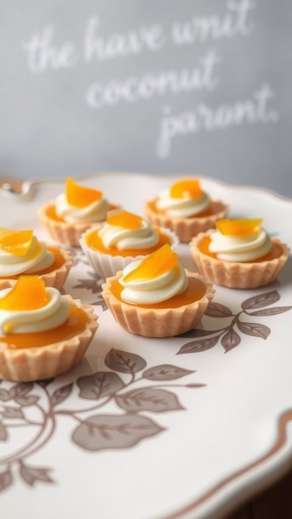 Delicious layered coconut and passion fruit tartlets topped with whipped cream and fresh fruit.