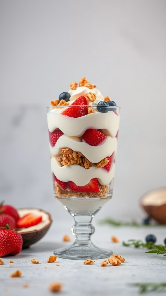 Coconut cream layered parfait with fruits and granola