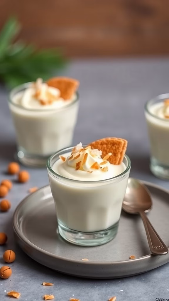 Coconut cream pie shots in glass cups with a cookie garnish