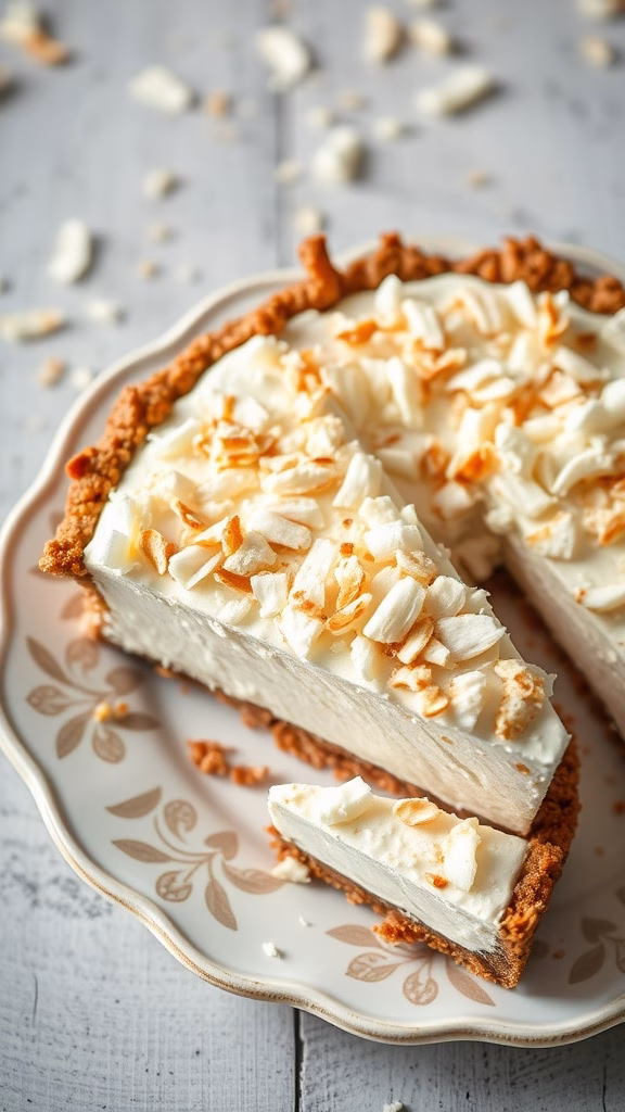 A slice of coconut cream pie with a nutty crust on a decorative plate.