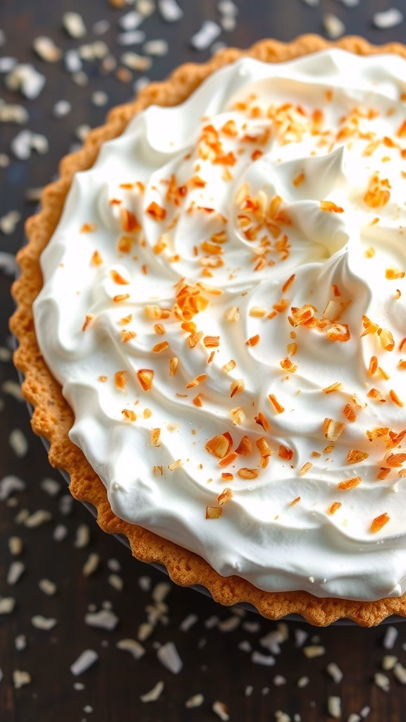 Coconut cream pie topped with toasted meringue and coconut flakes