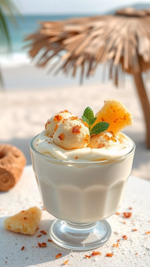 A delicious coconut cream pudding topped with macaroons and mint leaves, perfect for a tropical dessert.