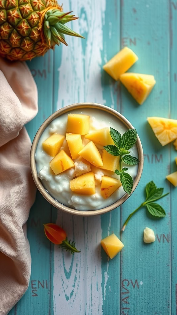 A bowl of coconut cream rice pudding topped with diced pineapple and mint leaves.