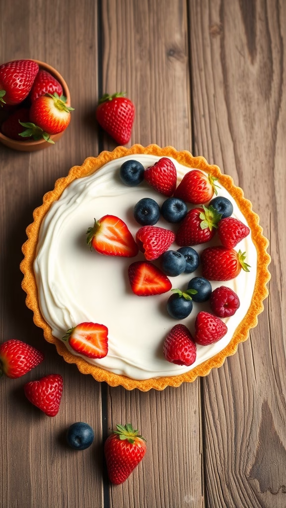 Coconut cream tart topped with fresh strawberries and blueberries on a wooden surface