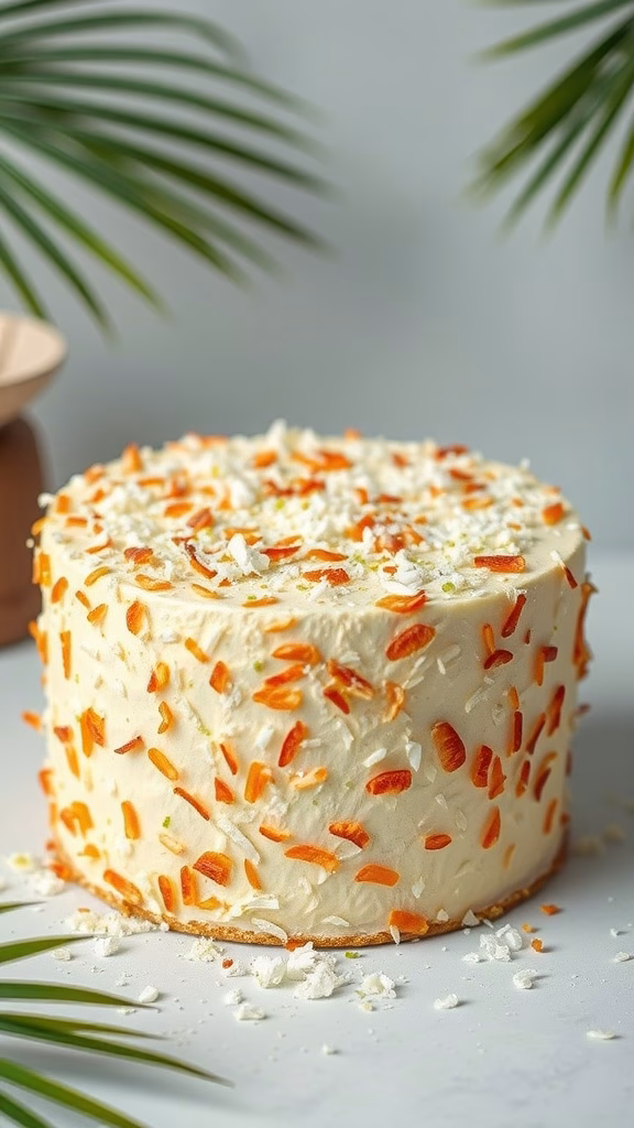 A beautifully decorated cake topped with coconut flakes and lime zest.
