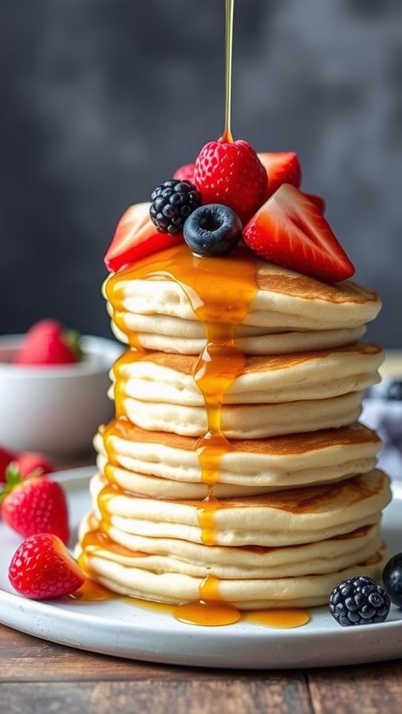 Stack of coconut flour pancakes topped with fresh berries and syrup