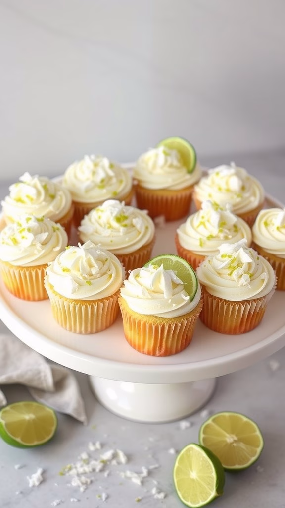 Delicious coconut lime cupcakes with frosting and lime slices on a cake stand.