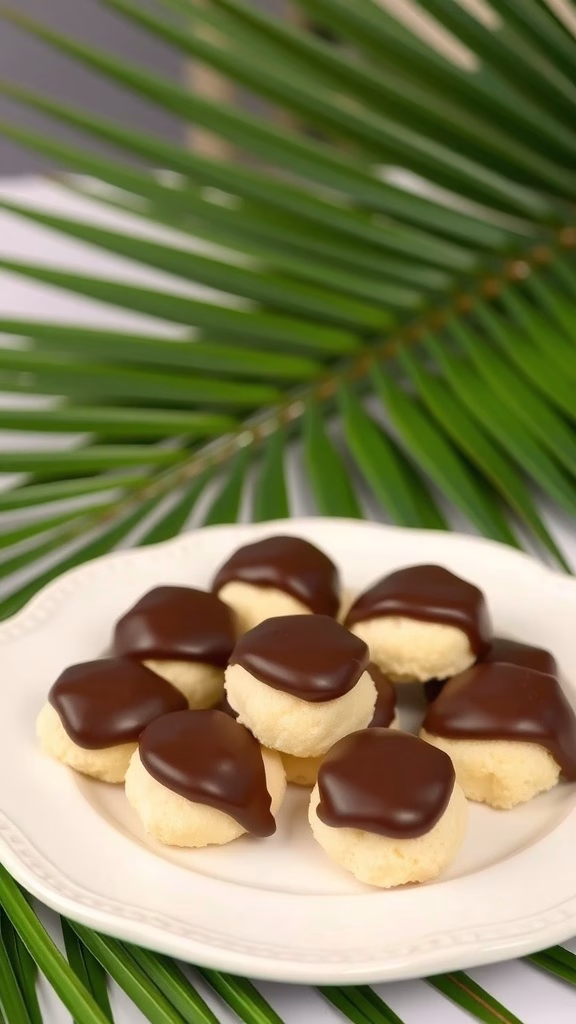 Coconut macaroons dipped in dark chocolate on a plate