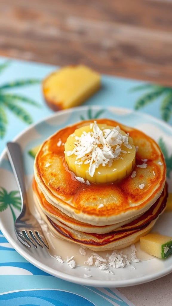 Stack of coconut pineapple upside-down pancakes topped with shredded coconut and pineapple slices