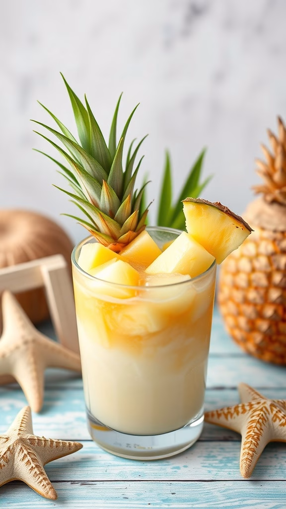 Refreshing coconut water with pineapple garnished with fresh pineapple slices