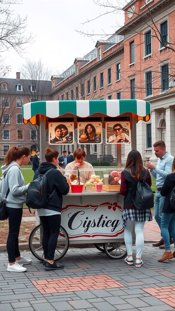 A dessert cart with students around it on a college campus.