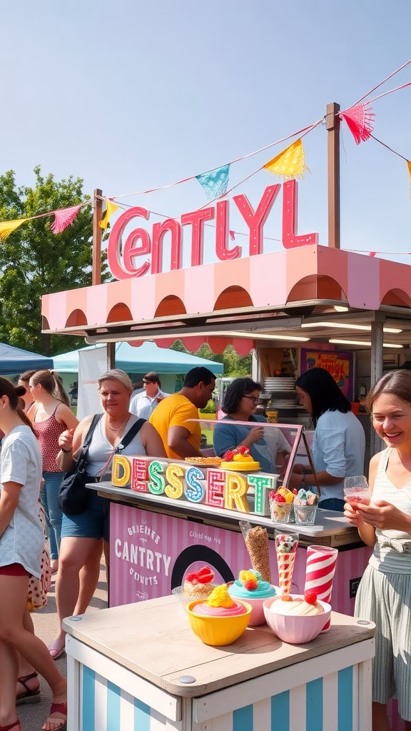 A colorful dessert cart named 'Centyl' at a festival, featuring various desserts and a crowd of happy customers.