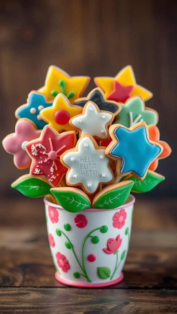 A colorful cookie bouquet arrangement in a decorative pot.