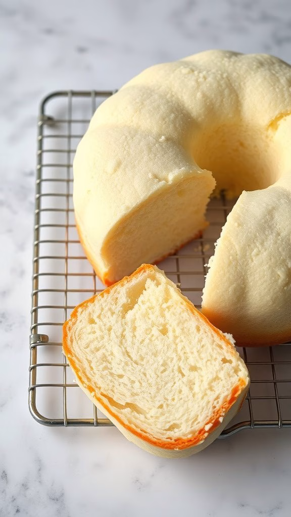 A beautifully baked cake cooling on a wire rack, with a slice cut to show its fluffy texture.