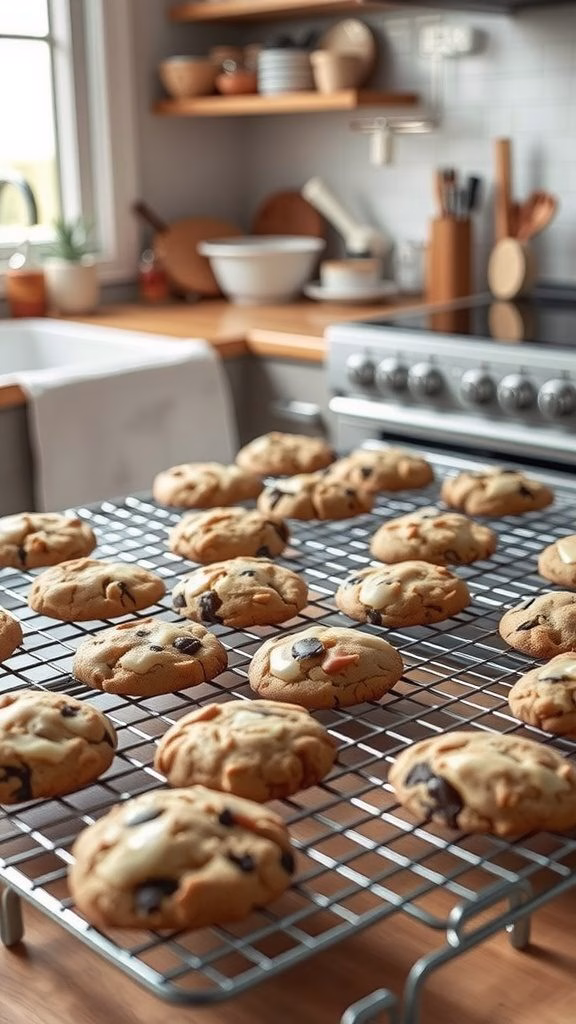A cooling rack filled with freshly baked cookies in a cozy kitchen setting.