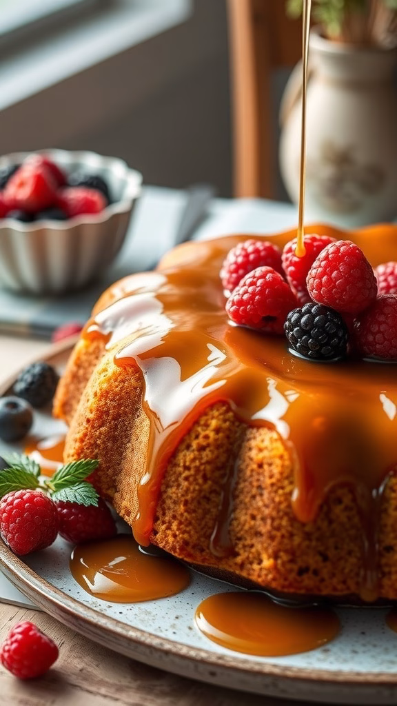 A beautifully glazed cornmeal cake topped with fresh berries.