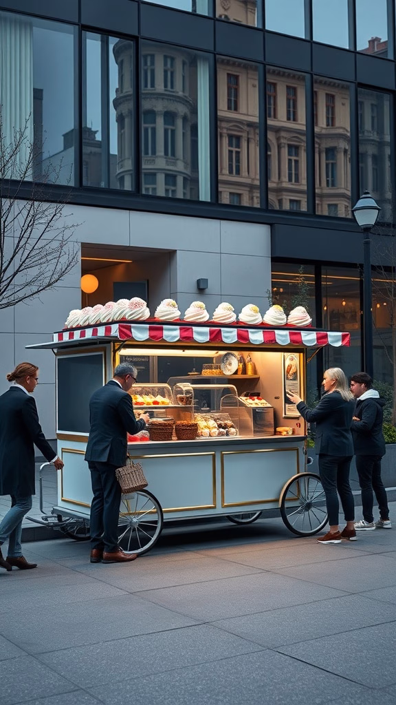 A dessert cart in a city business district with people interacting with it.