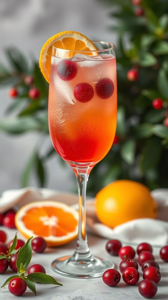 A refreshing Cranberry Citrus Cider Spritz cocktail garnished with cranberries and an orange slice.