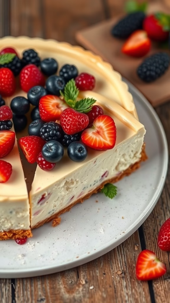 A slice of creamy cashew cheesecake topped with fresh berries on a plate.