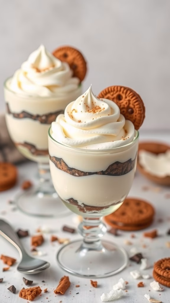 Coconut pudding layered in glasses topped with whipped cream and cookies.