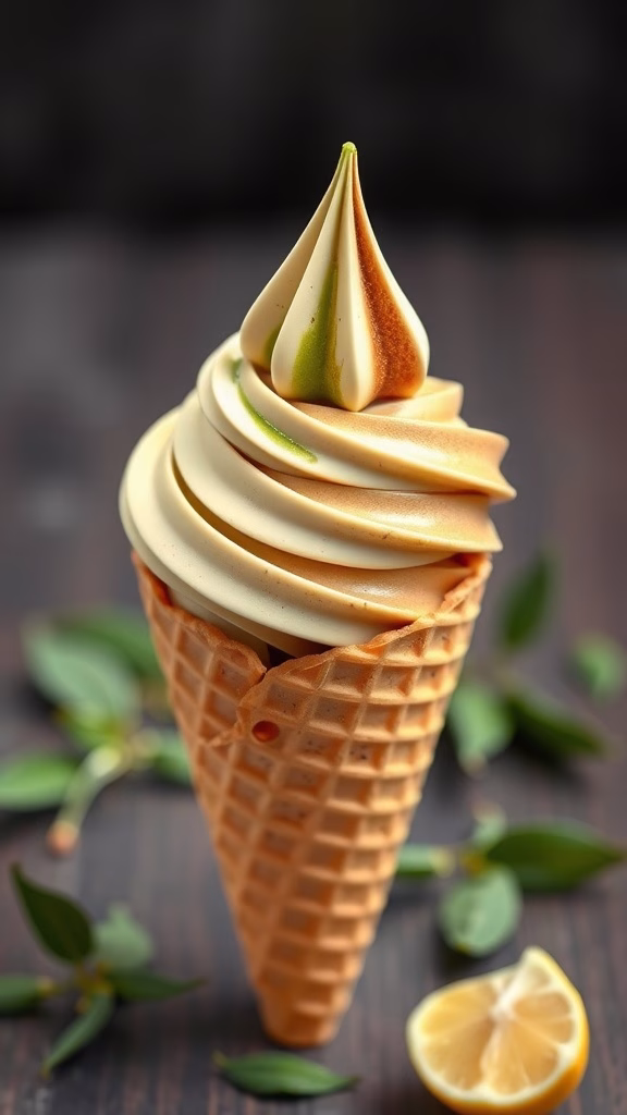 Creamy hojicha and matcha swirl ice cream in a cone