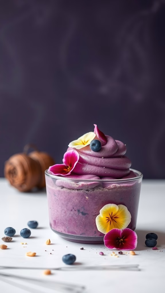 Creamy Ube Delight dessert with purple yam and flowers