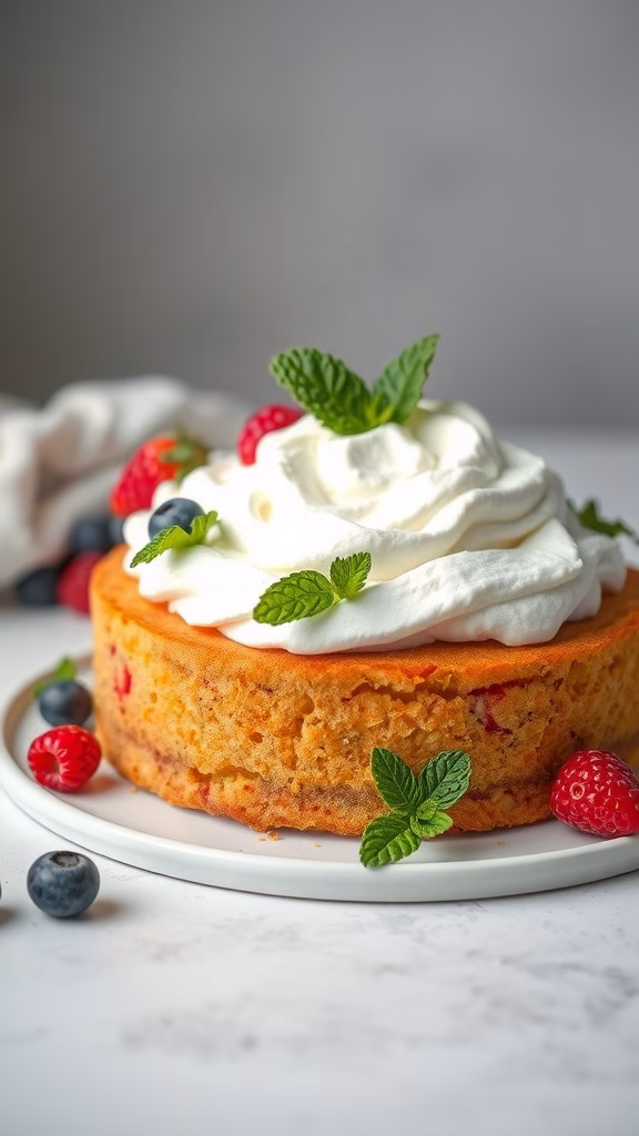 A cake topped with creamy whipped mascarpone, garnished with fresh berries and mint leaves.