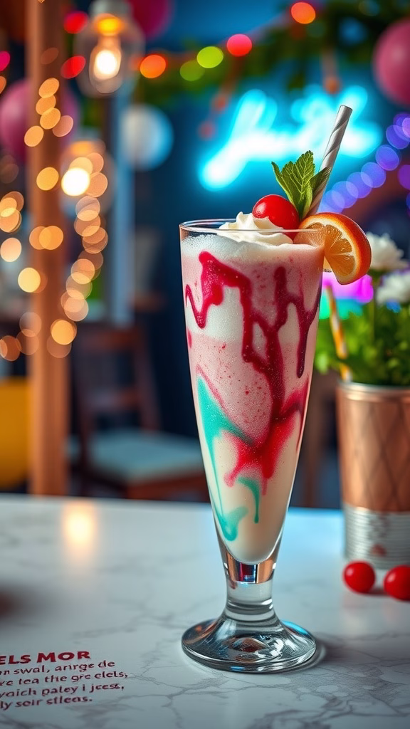 Colorful milkshake with whipped cream, cherry, and orange slice in a tall glass.