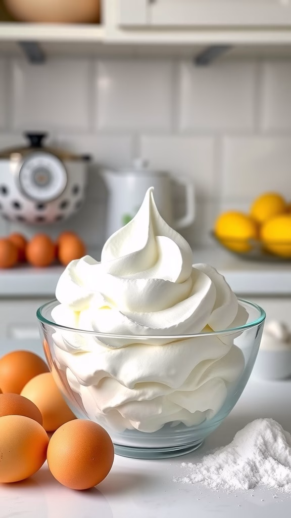 A bowl of fluffy whipped meringue with eggs and sugar in the background.