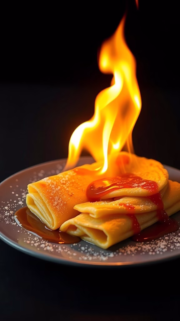 A plate of Crepes Suzette flambéed with orange sauce