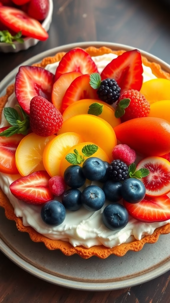 A beautifully arranged fruit tart with a buttery crust, filled with pastry cream and topped with fresh strawberries, blueberries, and peaches.