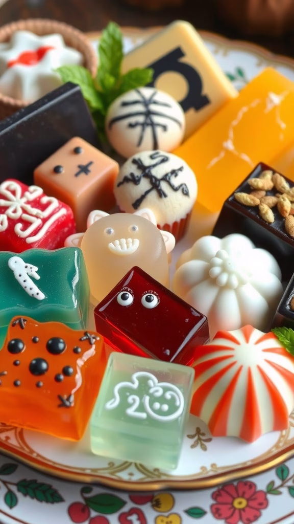 Colorful gelatin desserts in various shapes and designs, showcasing cultural influences.