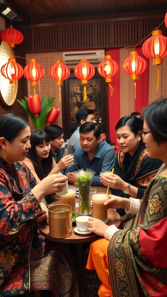 A group of people enjoying pandan tea in a traditional setting, surrounded by colorful lanterns.