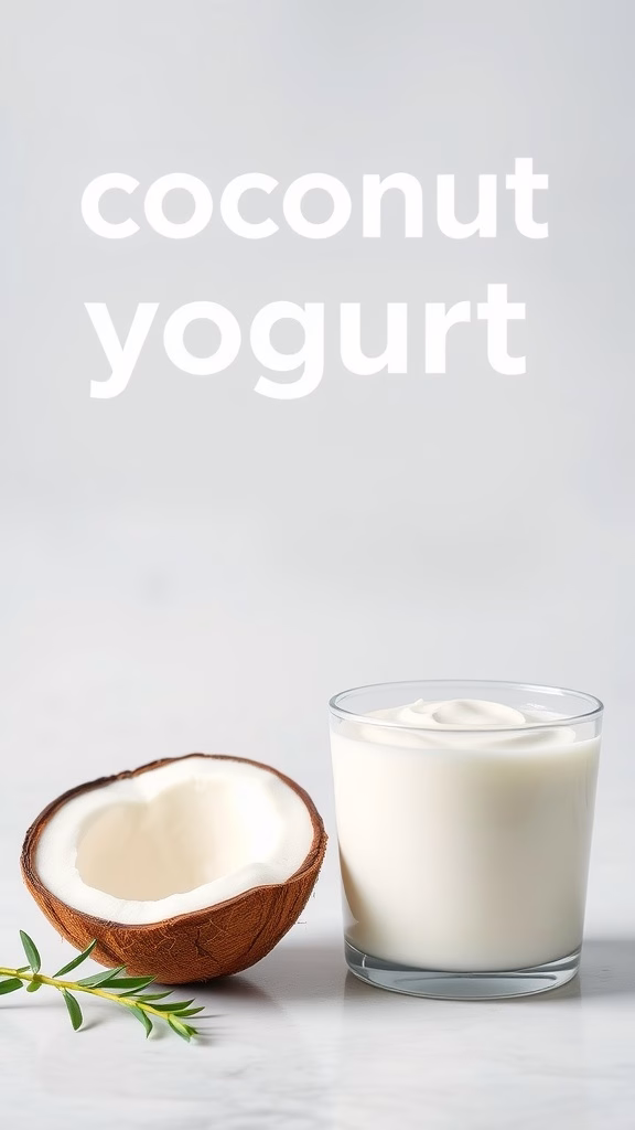 Coconut yogurt in a glass next to a coconut half.