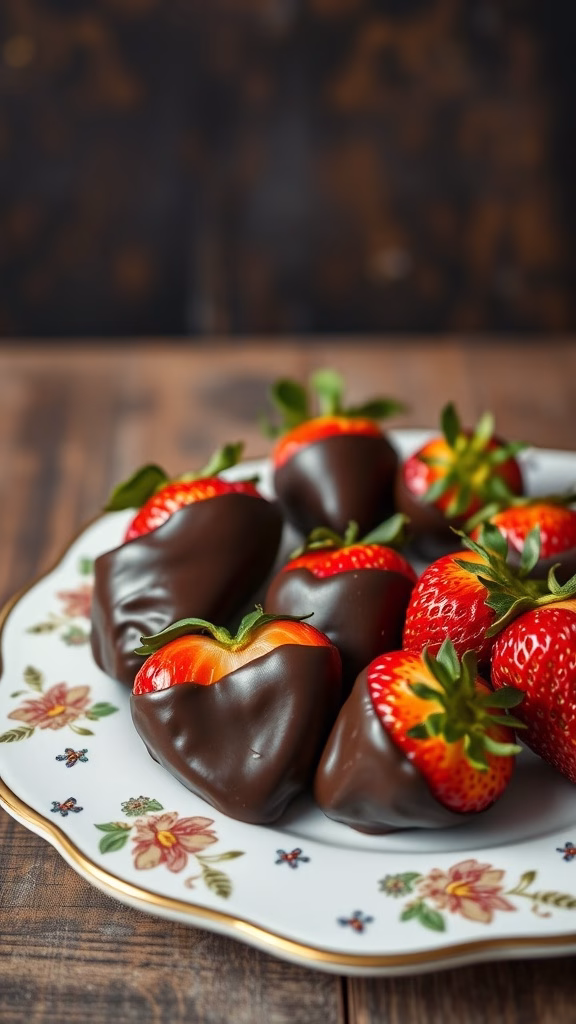 A plate of dark chocolate-covered strawberries