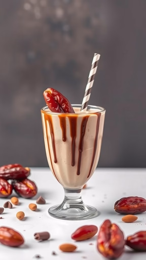 A glass of Date and Almond Milk Chocolate Smoothie with a striped straw, adorned with dates and almonds.