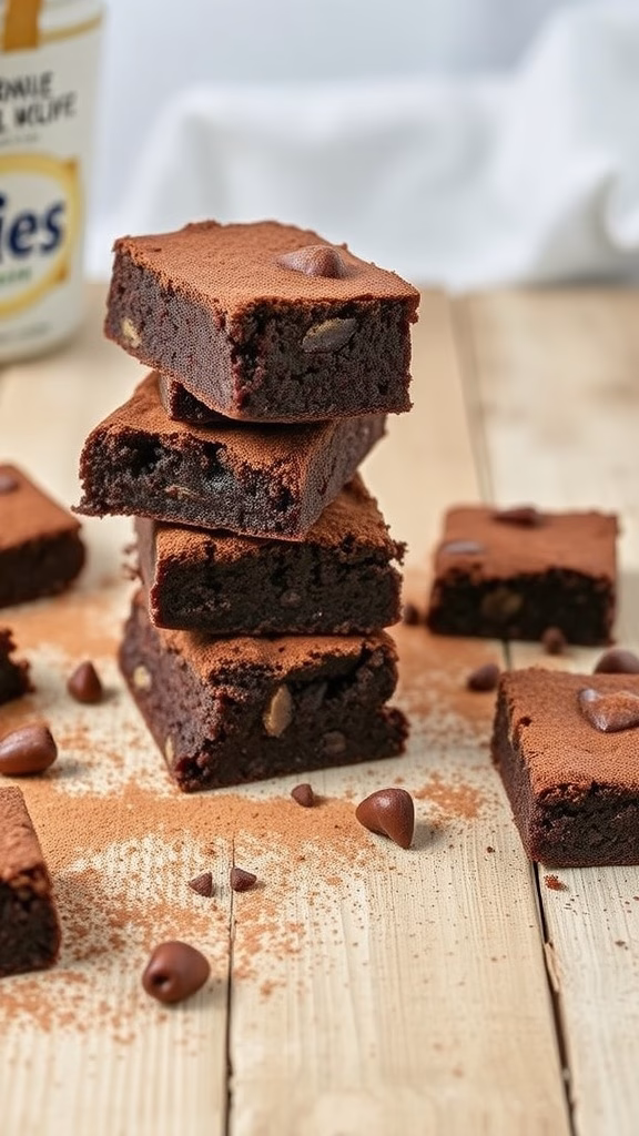 Delicious date sweetened brownies stacked on a wooden surface, showcasing a healthy dessert option.