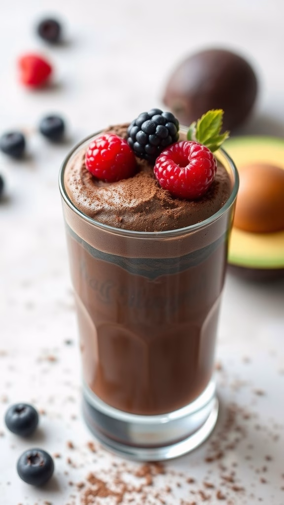 A glass of chocolate avocado mousse topped with fresh berries