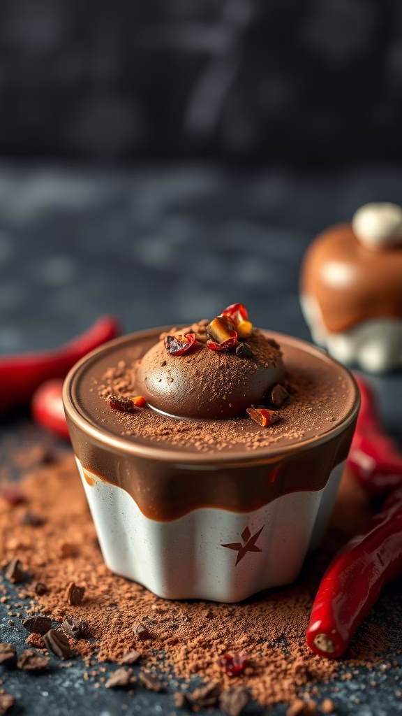 A rich chocolate dessert topped with chili flakes.