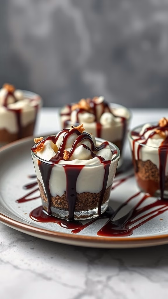 Delicious chocolate coconut cream cups served on a plate with chocolate drizzle.